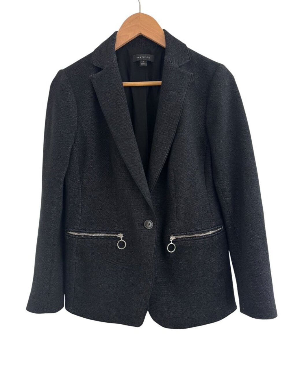 Ann Taylor Dark Charcoal Gray Black Cotton Blend Blazer Jacket Pockets Size 6